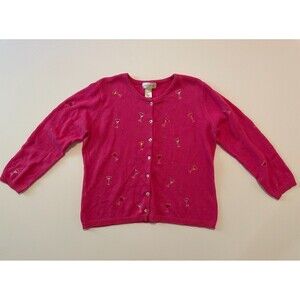 Susan Bristol Hot Pink Cardigan Sweater Size XL Embroidered Martinis Rhinestones
